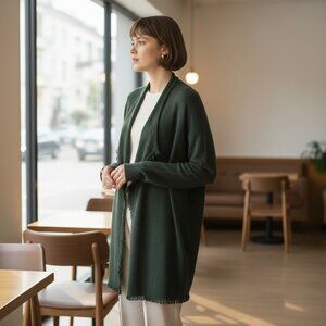 Griffen Forest Green 100% Cashmere Open Front Cardigan Sweater Size Large